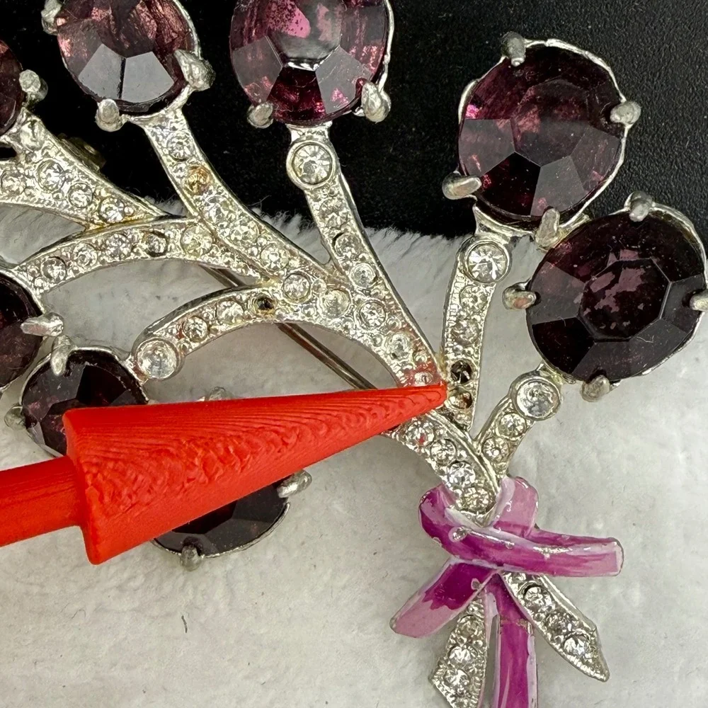Vintage Rhinestone Brooch Purple Silver Floral Spray